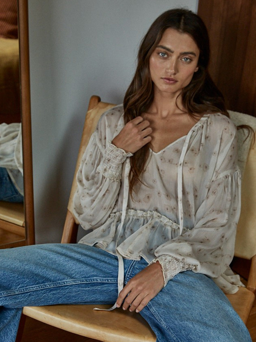 WOVEN POLYESTER CHIFFON FLORAL BLOUSE - LIGHT BEIGE TOP -