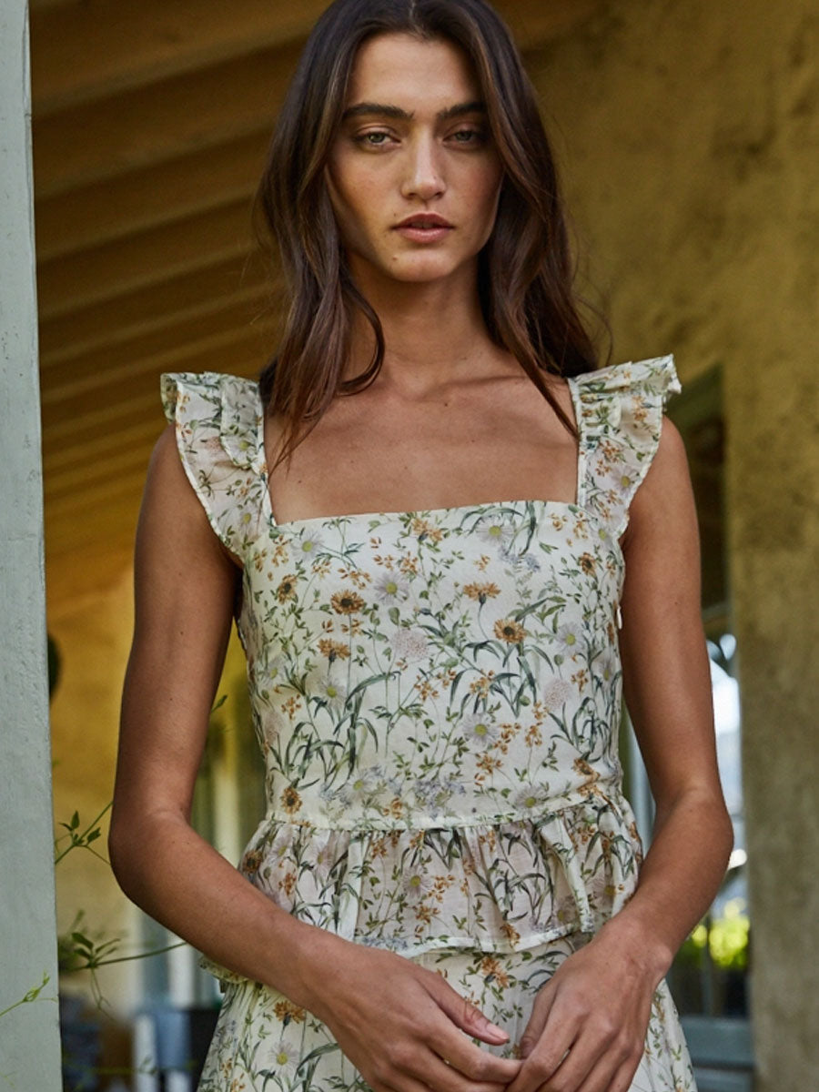 WOVEN TENCEL FLORAL PRINT RUFFLE TOP - IVORY GREEN TANK TOPS OAK CLOTHING CO.