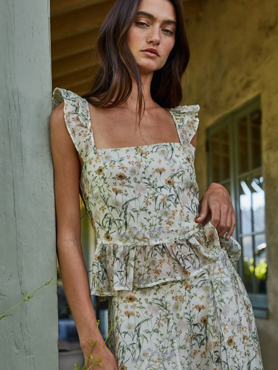WOVEN TENCEL FLORAL PRINT RUFFLE TOP - IVORY GREEN TANK TOPS OAK CLOTHING CO.
