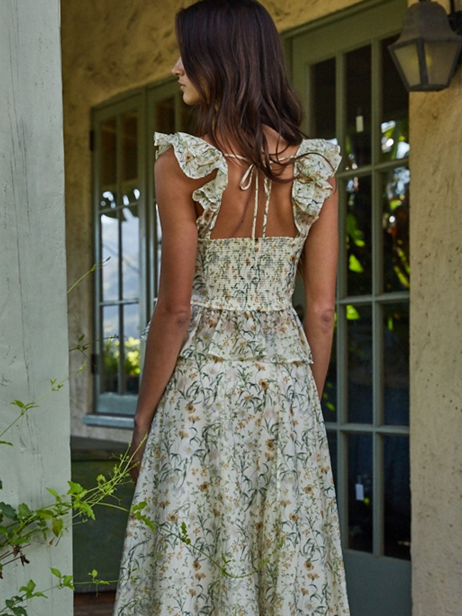 WOVEN TENCEL FLORAL PRINT RUFFLE TOP - IVORY GREEN TANK TOPS OAK CLOTHING CO.